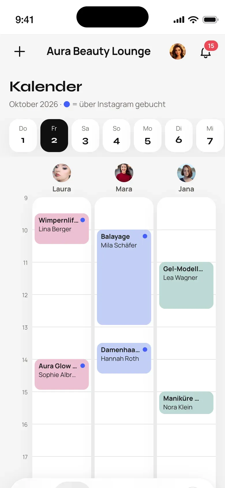 Kalender in FÉYA Direct mit Terminen aus Instagram